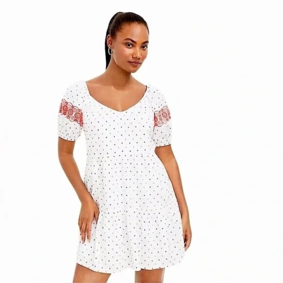 Ann Taylor Loft Dress Dot Embroidered Tiered V-Neck Swing Flouncy Boho Summer L - Picture 1 of 9